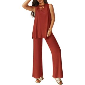 PRETTYGARDEN Women’s 2 Piece Lounge Set 2026 Summer Casual Tank Top Wide Leg Pants Matching Travel Outfits Clothes Tracksuit(Brick Red)