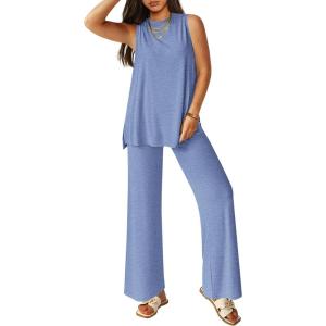 PRETTYGARDEN Women’s 2 Piece Lounge Set 2026 Summer Casual Tank Top Wide Leg Pants Matching Travel Outfits Clothes Tracksuit(Grey Blue)