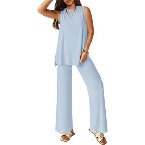 PRETTYGARDEN Women’s 2 Piece Lounge Set 2026 Summer Casual Tank Top Wide Leg Pants Matching Travel Outfits Clothes Tracksuit(Light Blue)