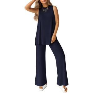 PRETTYGARDEN Women’s 2 Piece Lounge Set 2026 Summer Casual Tank Top Wide Leg Pants Matching Travel Outfits Clothes Tracksuit(Navy)