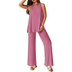 PRETTYGARDEN Women’s 2 Piece Lounge Set 2026 Summer Casual Tank Top Wide Leg Pants Matching Travel Outfits Clothes Tracksuit(Pink)