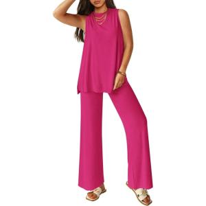 PRETTYGARDEN Women’s 2 Piece Lounge Set 2026 Summer Casual Tank Top Wide Leg Pants Matching Travel Outfits Clothes Tracksuit(Rose Red)