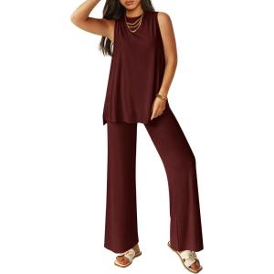 PRETTYGARDEN Women’s 2 Piece Lounge Set 2026 Summer Casual Tank Top Wide Leg Pants Matching Travel Outfits Clothes Tracksuit(Wine Red)