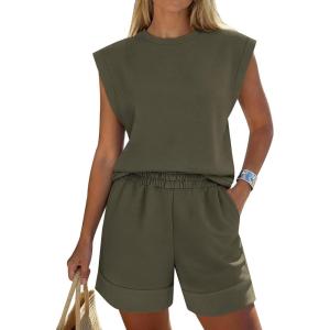 PRETTYGARDEN Women’s 2 Piece Lounge Shorts Sets 2026 Summer Travel Outfits Casual Beach Vacation Clothes Spring Sweatsuits(Army Green)