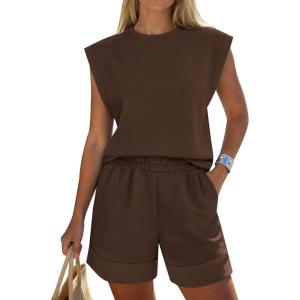 PRETTYGARDEN Women’s 2 Piece Lounge Shorts Sets 2026 Summer Travel Outfits Casual Beach Vacation Clothes Spring Sweatsuits(Brown)