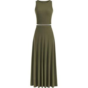 PRETTYGARDEN Women’s 2 Piece Maxi Skirt Sets Casual Summer Knit Cropped Tank Top High Waisted Long Skirts Outfit(Army Green)