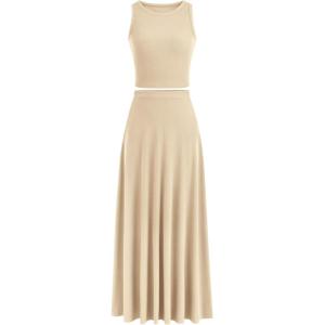 PRETTYGARDEN Women’s 2 Piece Maxi Skirt Sets Casual Summer Knit Cropped Tank Top High Waisted Long Skirts Outfit(Beige)