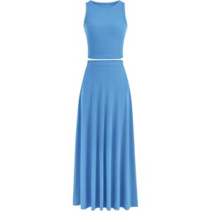 PRETTYGARDEN Women’s 2 Piece Maxi Skirt Sets Casual Summer Knit Cropped Tank Top High Waisted Long Skirts Outfit(Blue)