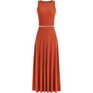 PRETTYGARDEN Women’s 2 Piece Maxi Skirt Sets Casual Summer Knit Cropped Tank Top High Waisted Long Skirts Outfit(Brick Red)