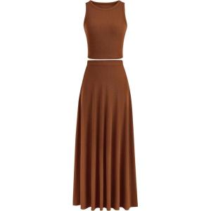PRETTYGARDEN Women’s 2 Piece Maxi Skirt Sets Casual Summer Knit Cropped Tank Top High Waisted Long Skirts Outfit(Brown)