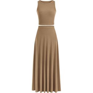PRETTYGARDEN Women’s 2 Piece Maxi Skirt Sets Casual Summer Knit Cropped Tank Top High Waisted Long Skirts Outfit(Camel)