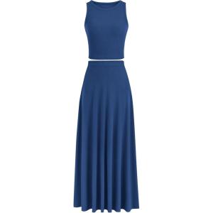 PRETTYGARDEN Women’s 2 Piece Maxi Skirt Sets Casual Summer Knit Cropped Tank Top High Waisted Long Skirts Outfit(Dark Blue)