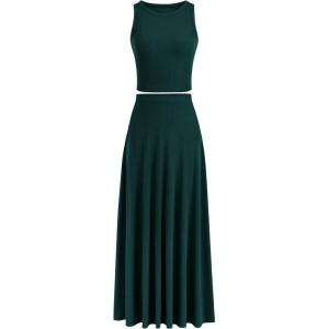 PRETTYGARDEN Women’s 2 Piece Maxi Skirt Sets Casual Summer Knit Cropped Tank Top High Waisted Long Skirts Outfit(Dark Green)