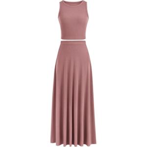 PRETTYGARDEN Women’s 2 Piece Maxi Skirt Sets Casual Summer Knit Cropped Tank Top High Waisted Long Skirts Outfit(Dusty Pink)