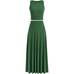 PRETTYGARDEN Women’s 2 Piece Maxi Skirt Sets Casual Summer Knit Cropped Tank Top High Waisted Long Skirts Outfit(Green)