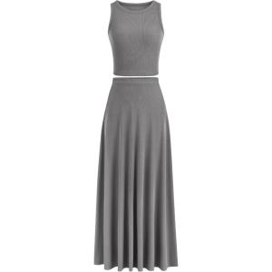 PRETTYGARDEN Women’s 2 Piece Maxi Skirt Sets Casual Summer Knit Cropped Tank Top High Waisted Long Skirts Outfit(Grey)