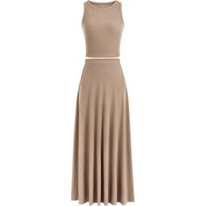 PRETTYGARDEN Women’s 2 Piece Maxi Skirt Sets Casual Summer Knit Cropped Tank Top High Waisted Long Skirts Outfit(Khaki)