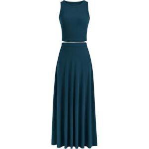 PRETTYGARDEN Women’s 2 Piece Maxi Skirt Sets Casual Summer Knit Cropped Tank Top High Waisted Long Skirts Outfit(Lake Blue)
