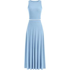 PRETTYGARDEN Women’s 2 Piece Maxi Skirt Sets Casual Summer Knit Cropped Tank Top High Waisted Long Skirts Outfit(Light Blue)