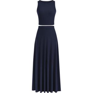 PRETTYGARDEN Women’s 2 Piece Maxi Skirt Sets Casual Summer Knit Cropped Tank Top High Waisted Long Skirts Outfit(Navy)