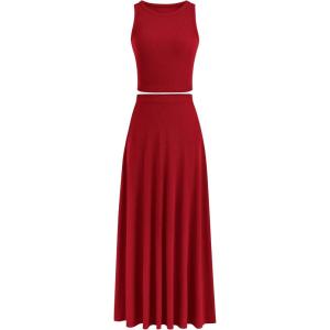 PRETTYGARDEN Women’s 2 Piece Maxi Skirt Sets Casual Summer Knit Cropped Tank Top High Waisted Long Skirts Outfit(Red)