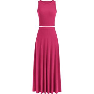 PRETTYGARDEN Women’s 2 Piece Maxi Skirt Sets Casual Summer Knit Cropped Tank Top High Waisted Long Skirts Outfit(Rose Red)