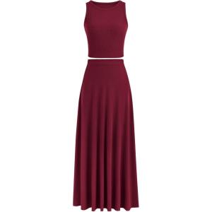 PRETTYGARDEN Women’s 2 Piece Maxi Skirt Sets Casual Summer Knit Cropped Tank Top High Waisted Long Skirts Outfit(Wine Red)