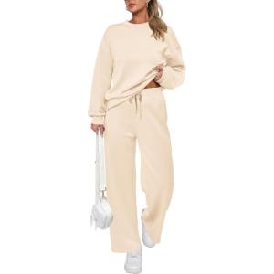 PRETTYGARDEN Womens 2 Piece Outfits 2026 Fall Long Sleeve Sweatshirt Wide Leg Pants Lounge Sets Winter Sweatsuits Tracksuit(Beige)