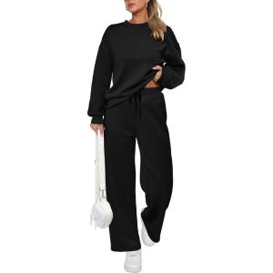 PRETTYGARDEN Womens 2 Piece Outfits 2026 Fall Long Sleeve Sweatshirt Wide Leg Pants Lounge Sets Winter Sweatsuits Tracksuit(Black)