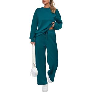PRETTYGARDEN Womens 2 Piece Outfits 2026 Fall Long Sleeve Sweatshirt Wide Leg Pants Lounge Sets Winter Sweatsuits Tracksuit(Blue Green)