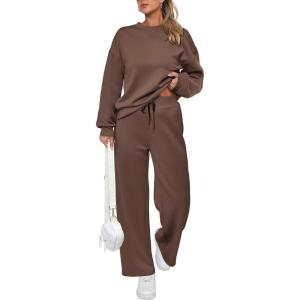 PRETTYGARDEN Womens 2 Piece Outfits 2026 Fall Long Sleeve Sweatshirt Wide Leg Pants Lounge Sets Winter Sweatsuits Tracksuit(Brown)