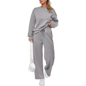 PRETTYGARDEN Womens 2 Piece Outfits 2026 Fall Long Sleeve Sweatshirt Wide Leg Pants Lounge Sets Winter Sweatsuits Tracksuit(Grey)