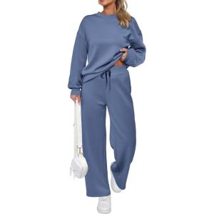 PRETTYGARDEN Womens 2 Piece Outfits 2026 Fall Long Sleeve Sweatshirt Wide Leg Pants Lounge Sets Winter Sweatsuits Tracksuit(Grey Blue)