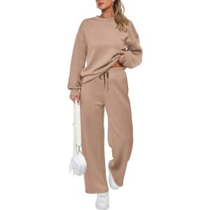PRETTYGARDEN Womens 2 Piece Outfits 2026 Fall Long Sleeve Sweatshirt Wide Leg Pants Lounge Sets Winter Sweatsuits Tracksuit(Khaki)
