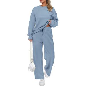 PRETTYGARDEN Womens 2 Piece Outfits 2026 Fall Long Sleeve Sweatshirt Wide Leg Pants Lounge Sets Winter Sweatsuits Tracksuit(Light Blue)