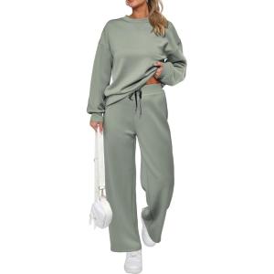 PRETTYGARDEN Womens 2 Piece Outfits 2026 Fall Long Sleeve Sweatshirt Wide Leg Pants Lounge Sets Winter Sweatsuits Tracksuit(Light Green)
