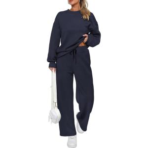 PRETTYGARDEN Womens 2 Piece Outfits 2026 Fall Long Sleeve Sweatshirt Wide Leg Pants Lounge Sets Winter Sweatsuits Tracksuit(Navy)