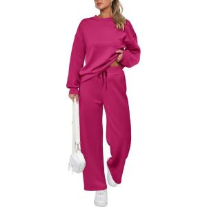 PRETTYGARDEN Womens 2 Piece Outfits 2026 Fall Long Sleeve Sweatshirt Wide Leg Pants Lounge Sets Winter Sweatsuits Tracksuit(Rose Red)