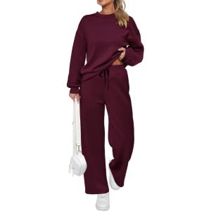 PRETTYGARDEN Womens 2 Piece Outfits 2026 Fall Long Sleeve Sweatshirt Wide Leg Pants Lounge Sets Winter Sweatsuits Tracksuit(Wine Red)
