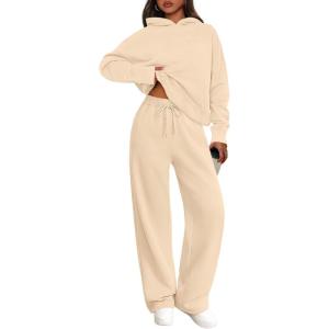 PRETTYGARDEN Women’s 2 Piece Outfits Fall Sweatsuits Oversized Hoodies Wide Leg Sweatpants Tracksuits Lounge Matching Sets(Beige)