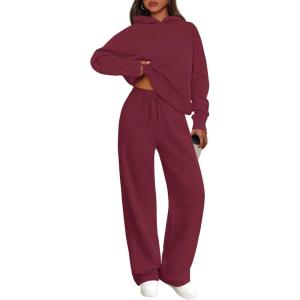 PRETTYGARDEN Women’s 2 Piece Outfits Fall Sweatsuits Oversized Hoodies Wide Leg Sweatpants Tracksuits Lounge Matching Sets(Burgundy)