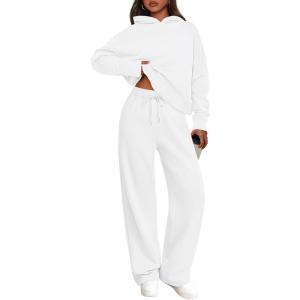 PRETTYGARDEN Women’s 2 Piece Outfits Fall Sweatsuits Oversized Hoodies Wide Leg Sweatpants Tracksuits Lounge Matching Sets(White)