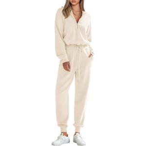 PRETTYGARDEN Women’s 2 Piece Sweater Set Pullover Zip Up Sweatshirt Jogger Sweatpants Tracksuit Casual Outfit(Beige)