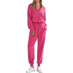 PRETTYGARDEN Women’s 2 Piece Sweater Set Pullover Zip Up Sweatshirt Jogger Sweatpants Tracksuit Casual Outfit(Rose Red)