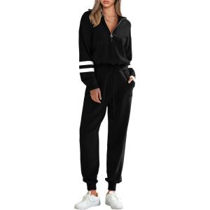 PRETTYGARDEN Women’s 2 Piece Sweater Set Pullover Zip Up Sweatshirt Jogger Sweatpants Tracksuit Casual Outfit(Striped Black)