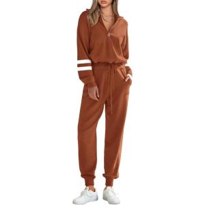 PRETTYGARDEN Women’s 2 Piece Sweater Set Pullover Zip Up Sweatshirt Jogger Sweatpants Tracksuit Casual Outfit(Striped Caramel)
