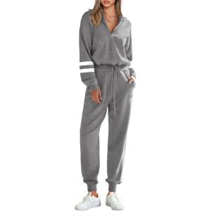 PRETTYGARDEN Women’s 2 Piece Sweater Set Pullover Zip Up Sweatshirt Jogger Sweatpants Tracksuit Casual Outfit(Striped Grey)