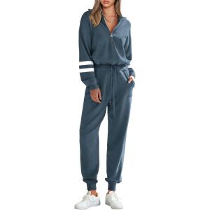 PRETTYGARDEN Women’s 2 Piece Sweater Set Pullover Zip Up Sweatshirt Jogger Sweatpants Tracksuit Casual Outfit(Striped Grey Blue)