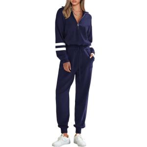 PRETTYGARDEN Women’s 2 Piece Sweater Set Pullover Zip Up Sweatshirt Jogger Sweatpants Tracksuit Casual Outfit(Striped Navy)