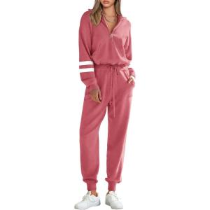 PRETTYGARDEN Women’s 2 Piece Sweater Set Pullover Zip Up Sweatshirt Jogger Sweatpants Tracksuit Casual Outfit(Striped Pink)
